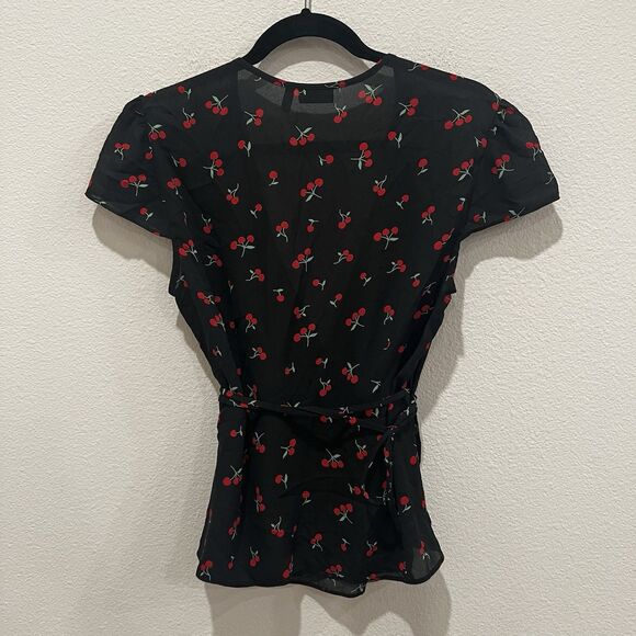 ASOS Wrap Thru Blouse Cherry Print US 10 Short Sleeve Pinup Girl Festival School - Picture 5 of 7